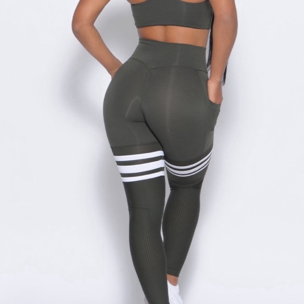 Bombshell Sportswear Thigh-High Olive Leggings with White Stripes